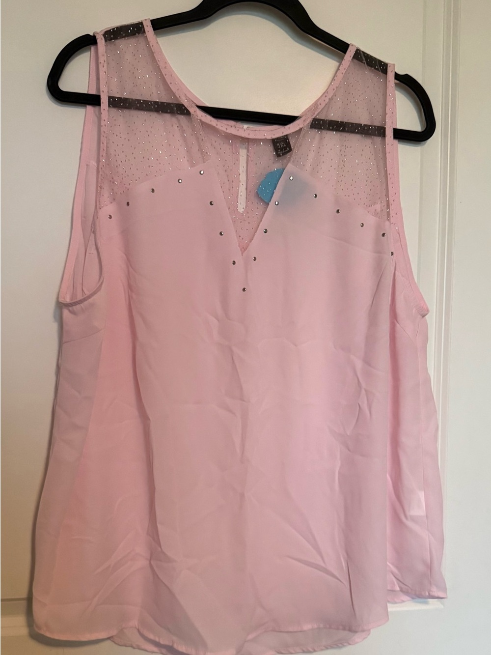SHEIN Light Pink Sleeveless Mesh Yoke Rhinestone Camisole